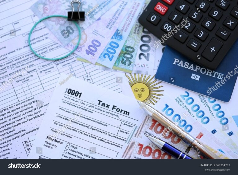 billetes argentinos y calculadora sobre mesa madera