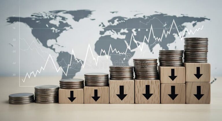 billetes y monedas con grafico financiero descendente