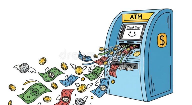 cajero automatico con billetes y monedas