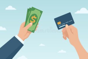 manos sosteniendo tarjeta bancaria y billetes dolares