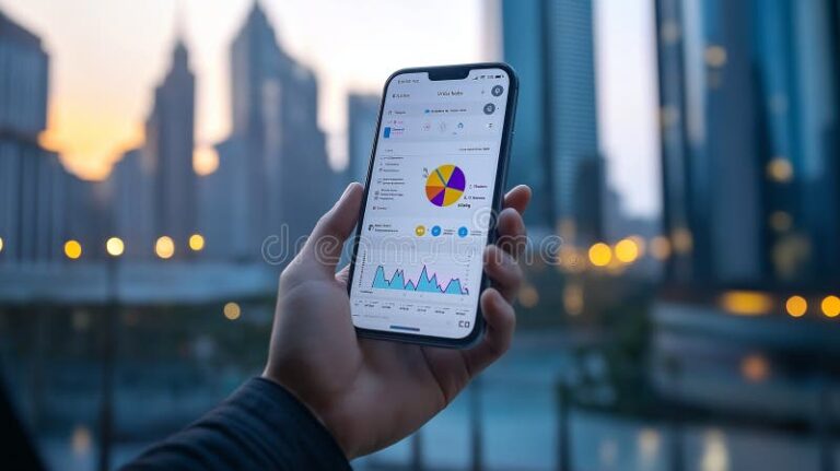 manos sosteniendo telefono movil con app bancaria