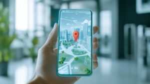 mapa de navegacion en smartphone en ciudad urbana