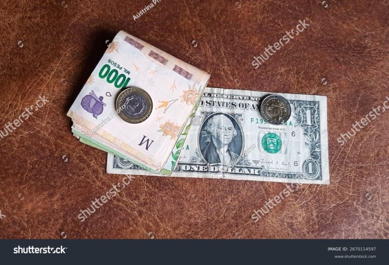monedas argentinas y dolares con billetes apilados