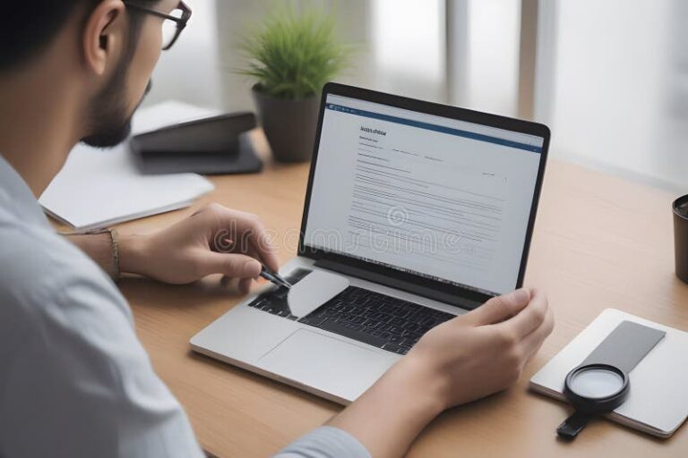 persona usando computadora con curriculum abierto