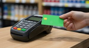 persona usando tarjeta de debito en terminal