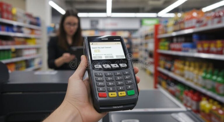 persona usando tarjeta en supermercado colorido